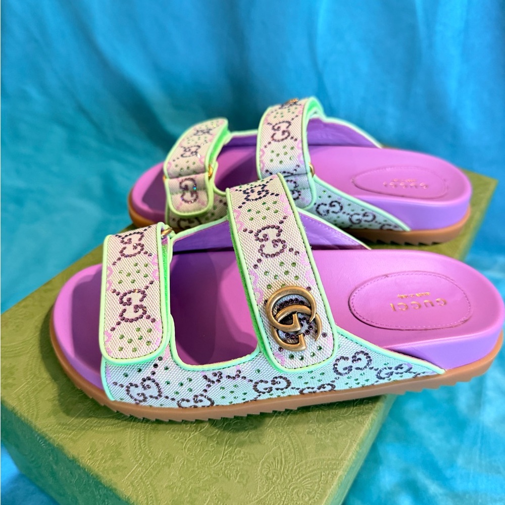 Gucci Purple and Mint Green GG Strap Sandals - Picture 4 of 8
